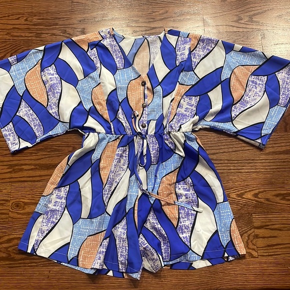 Colorblock all over print batwing sleeves romper vacation leisure knit front Lrg - Picture 13 of 13